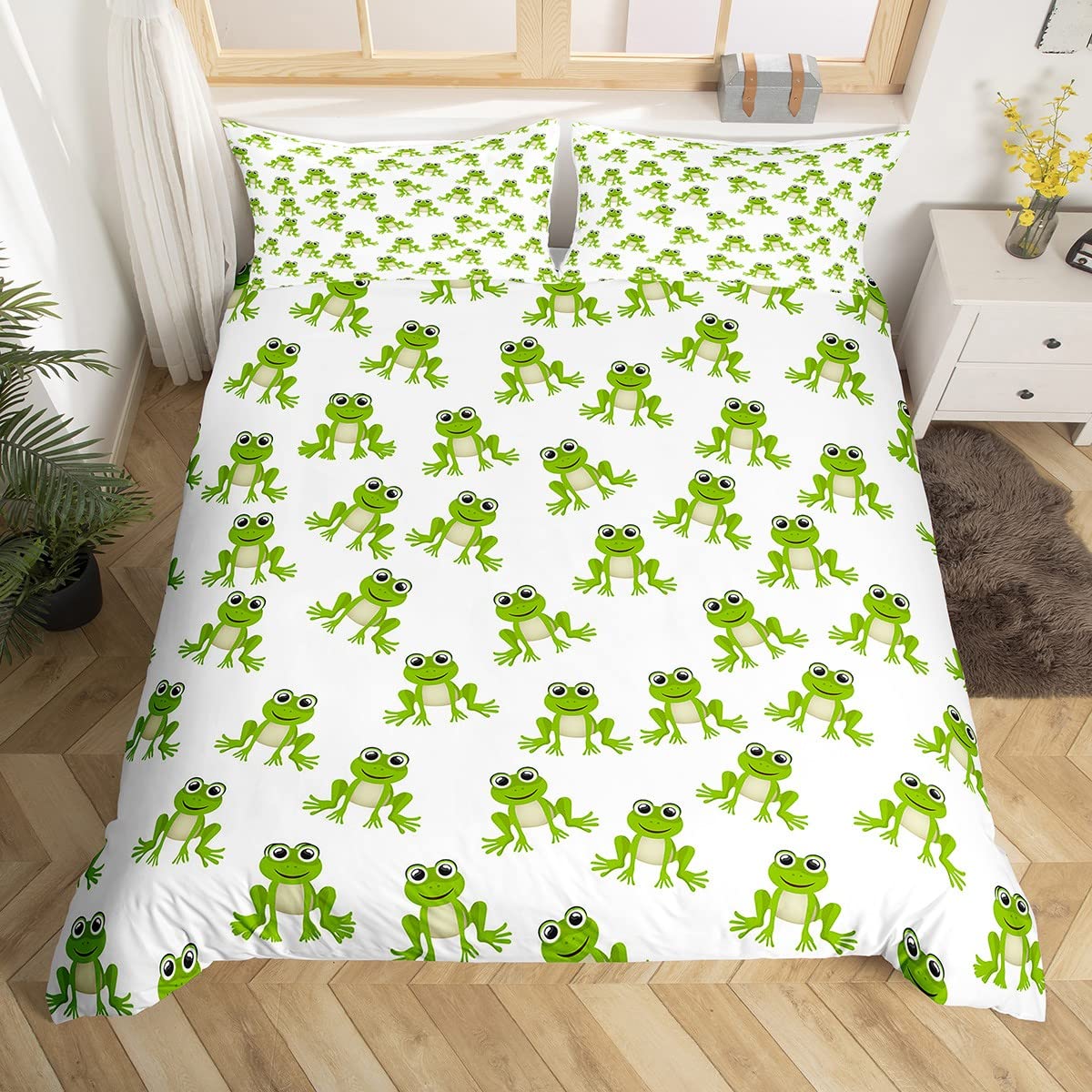 Kids Frog Bedding Set Cute Green Frogs Bedding Duvet Cover Set for Boys Girls Children Wild Animal Comforter Cover Set Kawaii Bedspread Cover 2Pcs Single Size
