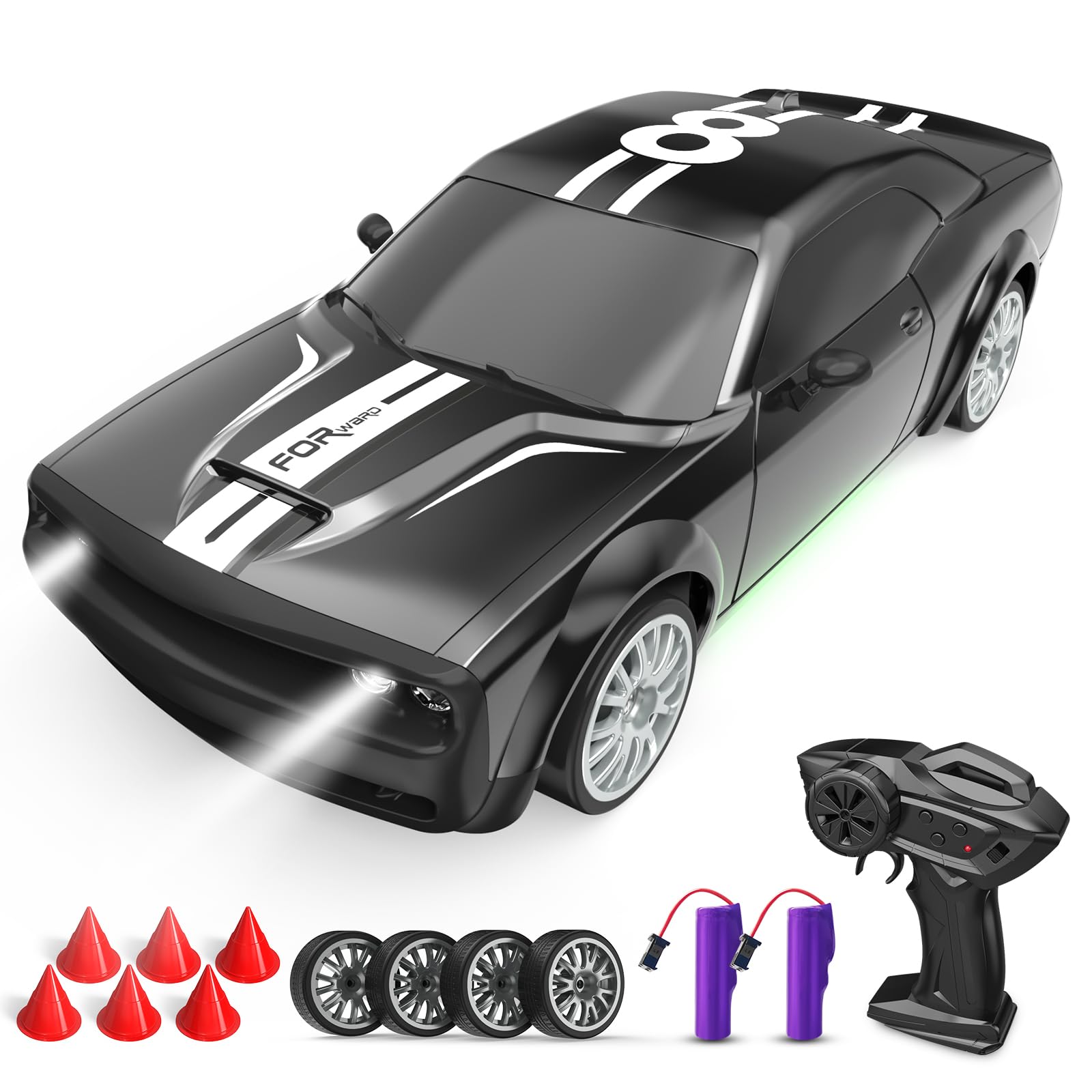 RC Drift Car Remote Control Car 2.4GHz 1:20 Scale 4WD 20KM/H High Speed Remote Control Cars Vehicle with LED Lights Drifting Tire 2Pcs Rechargeable Batteries Toy Cars for Adults Boys Girls (Black) — image 1