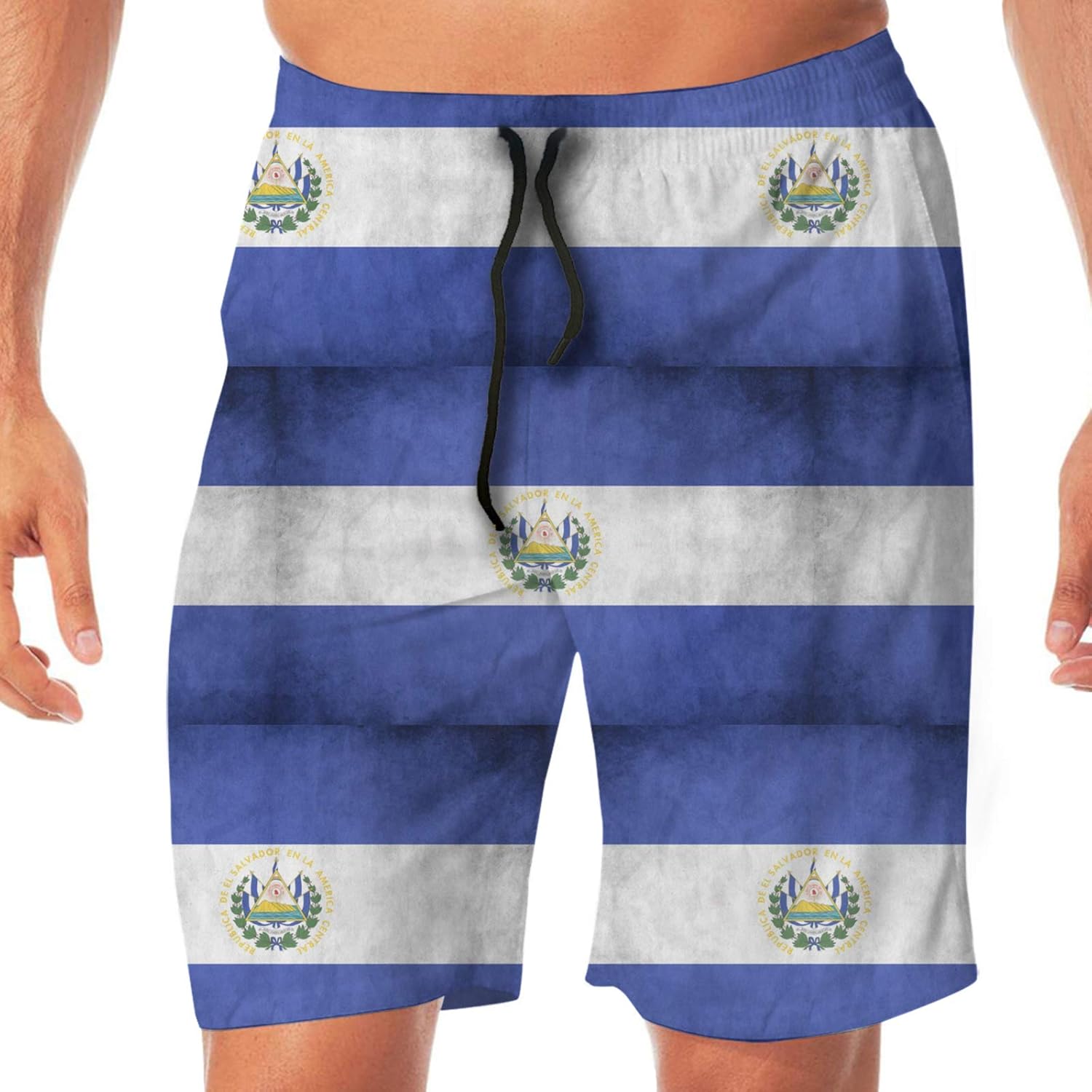 El Salvador Flag Striped1 Men's Beach Shorts Elastic Waist