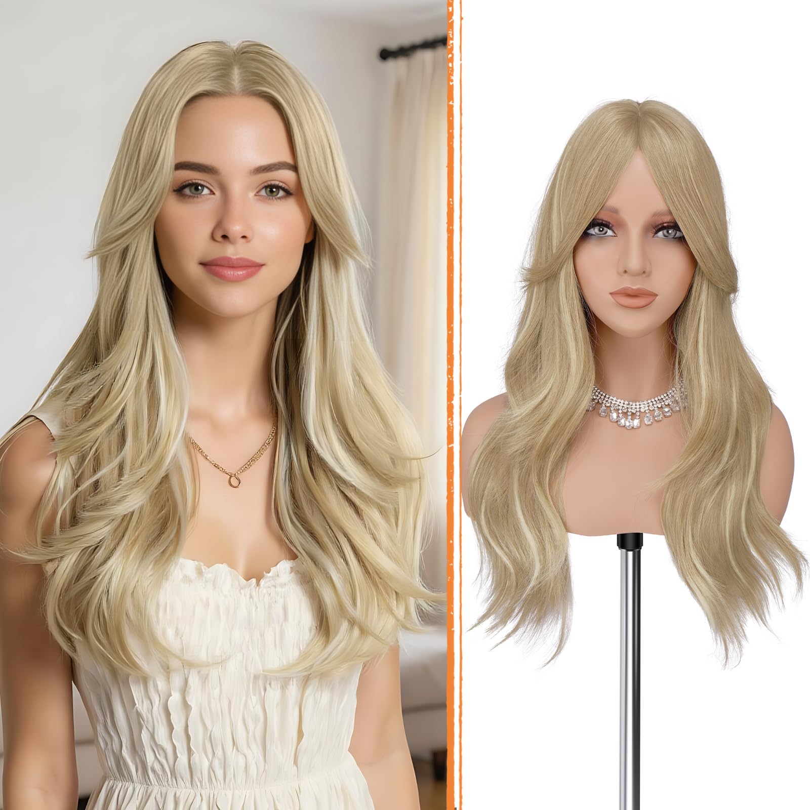 Photo 1 of Haloo Blonde Wigs with Curtain Bangs Long Layered Natural Looking Wavy Fluffy Hair Synthetic Heat Resistant Women Wig for Daily Party, 22 Inch Dirty Blonde