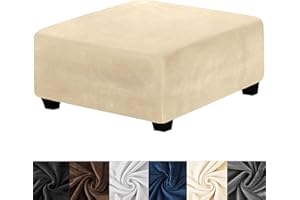 HFCNMY Ottoman Cover,Stretch Velvet Square Ottoman Cover Thick Ottoman Slipcover Square Washable Storage Foot Stool Cover with Elastic Bottom for Living Room Beige Large