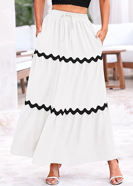 KIRUNDO WHITE SKIRT WOMENS 2024 SUMMER DRAWSTRING HIGH WAISTED FLOWY BOHO MAXI SKIRT CUTE A LINE BEACH SKIRT CRUISE VACATION OUTFITS FOR WOMEN(LARGE, WHITE)