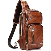 LANNSYNE Full Grain Leather Sling Bag For Men Crossbody Chest Daypack fits 10.5" iPad