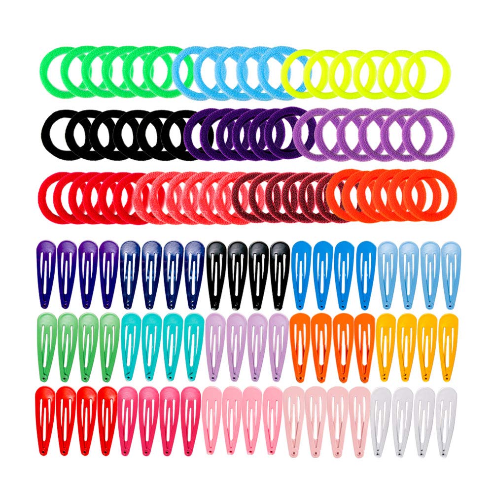 120PCS Premium Snap Hair Clips Hair Ties, Including 60PCS Candy Color Kids Barrettes and 60PCS Seamless Cotton Elastic Hair Bands for Girls Toddlers