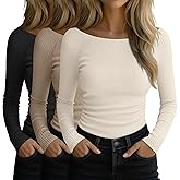 Sweetyweee 3 Pack Women's Long Sleeve Tops Ribbed Cotton Boat Neck Fitted T Shirts Basic Casual Ruched Tees