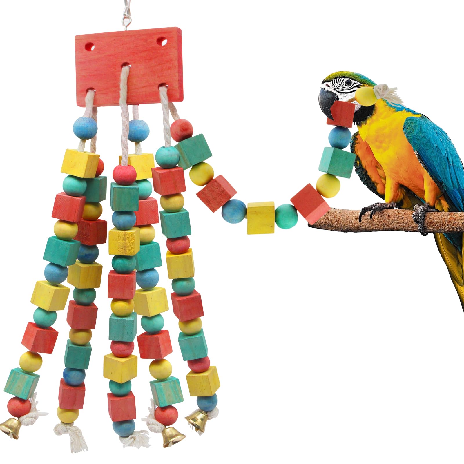 MQUPIN Hanging Wooden Block Chewing Parrot Toy - Multicolored Cage Bite for Parakeet, Budgie, Cockatiel, African Grey (Colorful)