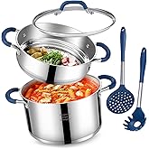 ARC 6QT Stainless Steel Stock Pot w/Steamer Basket, Multi-steamer Pot With Tempered Glass Lid for Cooking, Multipurpose Cookware with Silicone Handle for Veggies, Soup, Seafood, Induction-Ready