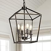 4 Light Chandelier Lighting, Industrial Ceiling Light Black Lantern with Brushed Gold, Geometric Metal Hanging Light Fixture 