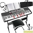 AQNIEGEP 61 Key Keyboard Piano for Beginners Electric Piano Keyboard Music Keyboard w/Stand, Bench, Microphone, Headphones, Piano Bag,Note Stickers,Light Up Keyboard, LED Screen, Dual-Speakers