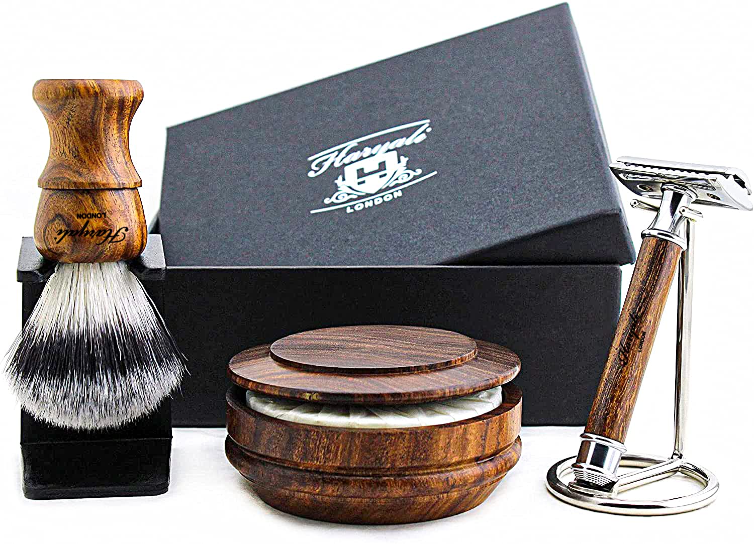 Haryali London, 6pcs Double Edge Safety Razor Set, Wooden Shaving Kit for Men with Synthetic Shaving Brush, Shaving Bowl, Soap & Stand – Wet Shave Gift Set