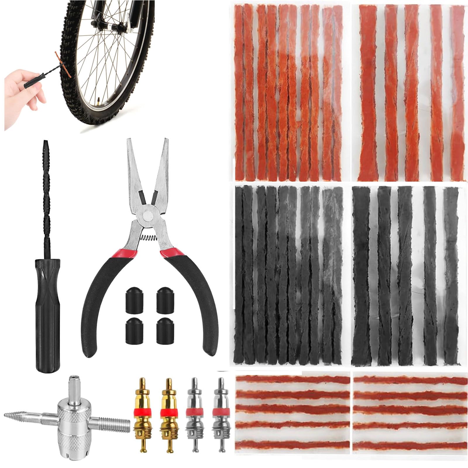 Nasinsta 52 Pcs Tubeless Bike Tire Repair Tool Kit, Bike Tire Punctures with 40PCS Bacon Strips Plus Insertion Tool Tire Repair Fork Reamer,Flat Tire Plug Puncture Repair Strings for MTB