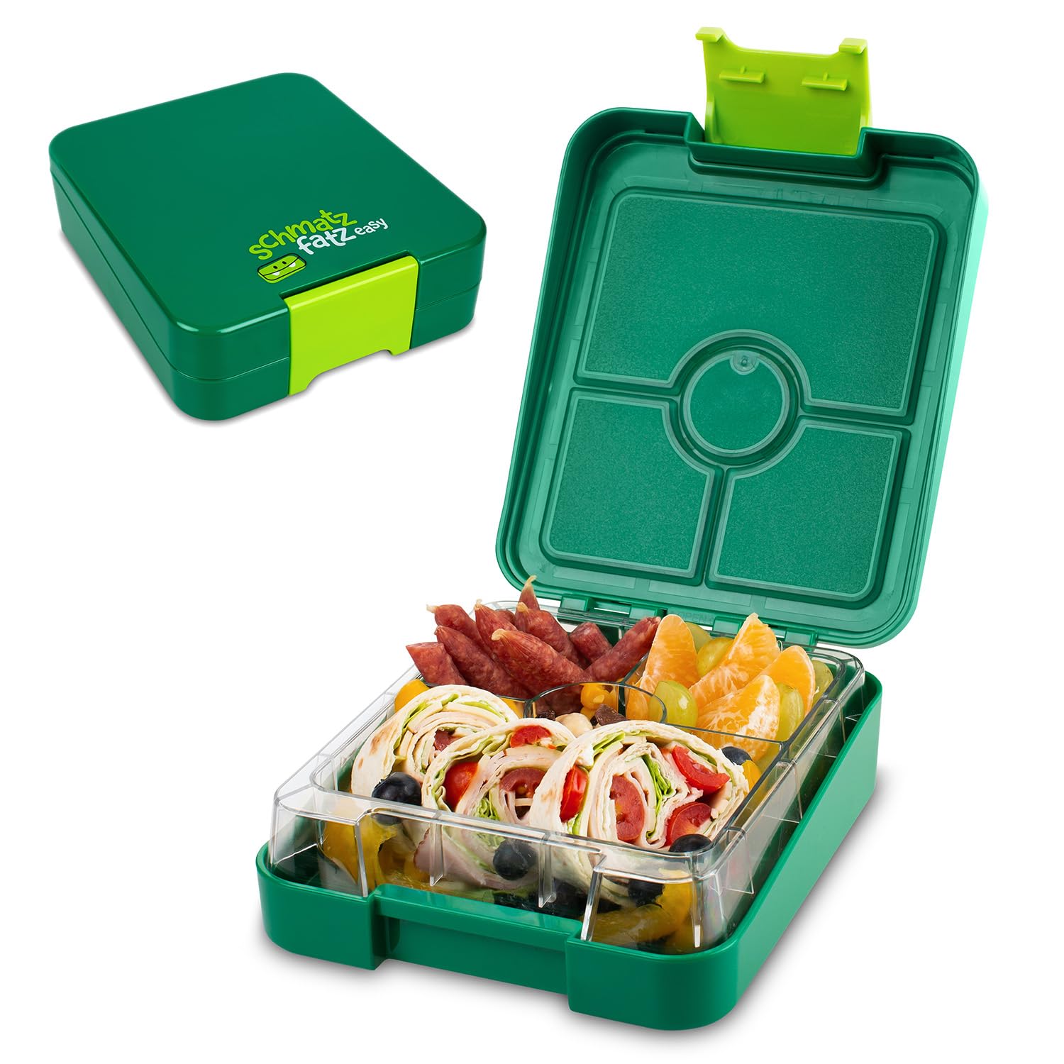 Schmatzfatz Easy Bento Lunch Box Enfant - Sans Bpa - Boîte À Repas Avec 4 Compartiments - Ouverture Et Nettoyage Facile - Idéal Pour L'École, Sport Et La Maternelle (Verte)
