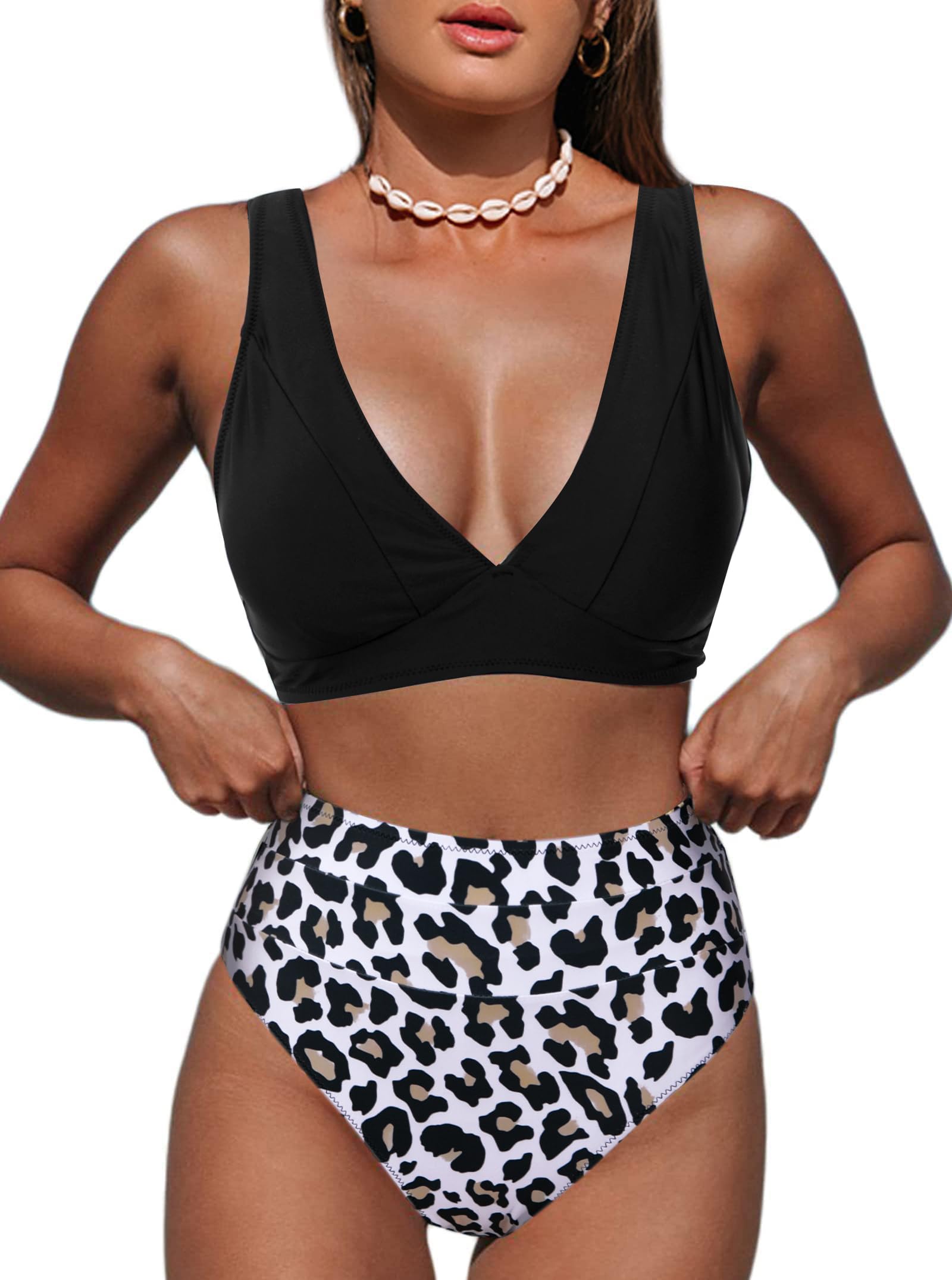 Photo 1 of Hilinker Women's Leopard Bikini Swimsuits V Neck High Waisted 2 Piece Bathing Suits (as1, Alpha, l, Regular, Regular, BlackLeopard)