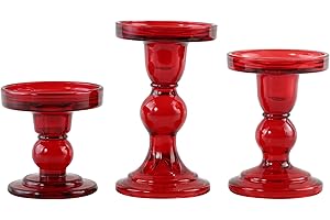GMWD 3 Pcs Red Glass Candle Holder Set Clear, Christmas Candlesticks Holders Pillar Taper Candles Tealight Stand for Wedding Centerpieces Home Decorations Dining Table