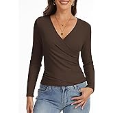 Women’s Long Sleeve Wrap Tops, Deep V Neck Casual Fall Cross Wrap Top Ruched Slim Fit Dressy Blouse