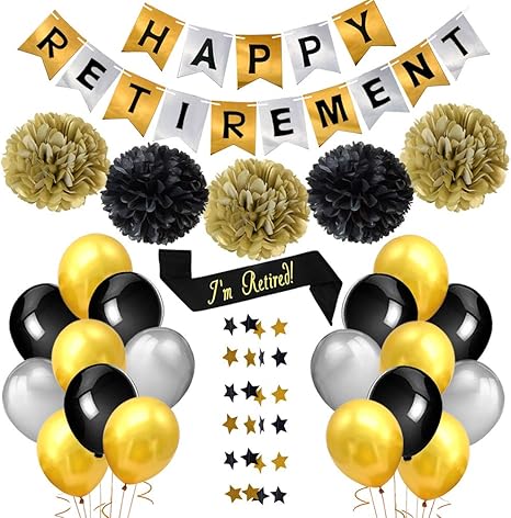 Amazon 退職パーティー 飾り セット 定年 お祝い イベント Happy Retirement バナー バルーン 風船 ゴールド シルバー ブラック ペーパーフラワー ペーパーポンポン 肩紐 スター バナー 27枚セット 風船 バルーン おもちゃ