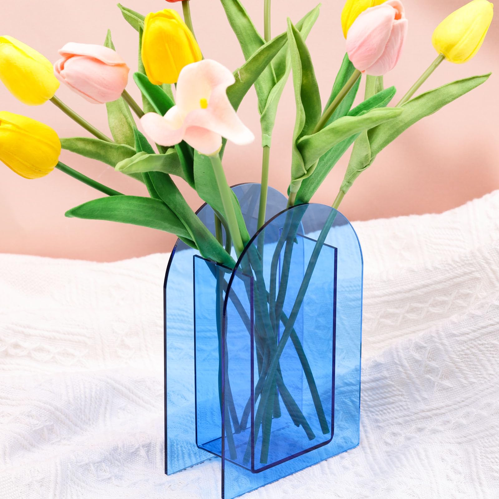 Photo 1 of Blue Acrylic Vase Arched for Modern Aesthetic Room Decor,Plastic Decorative Vase for Bedroom,Living Room Table - Light Blue Acrylic Vase Decorative Centerpiece for Home or Wedding Office