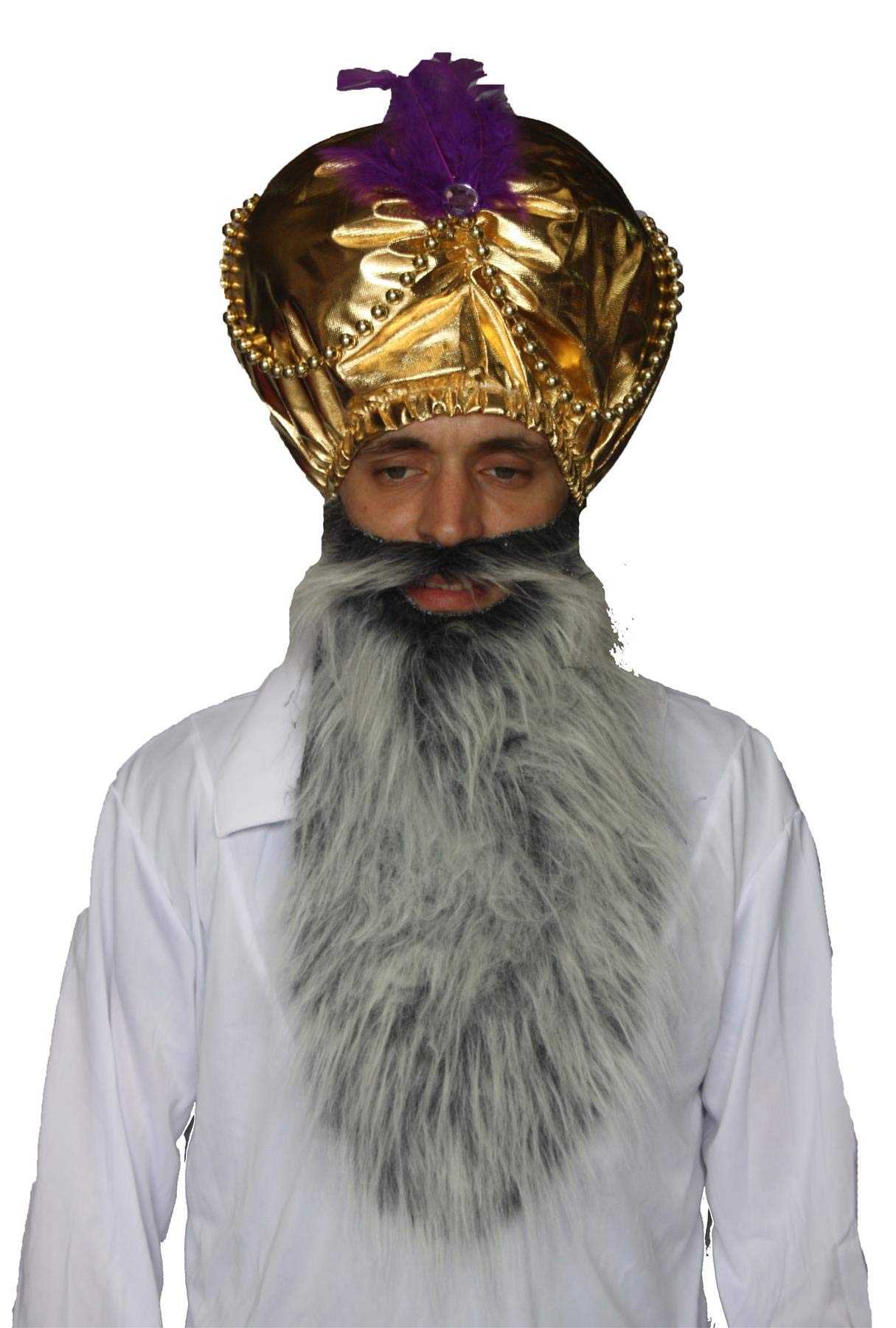 The Dragons Den Adults Sultan Arabian Indian Golden Turban & Beard Bollywood Fancy Dress [Grey]