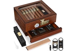 Tesonway Cigar Humidor, Cedar Wood Humidor Cigar Box, Glass Top Desktop Humidor with Front Hygrometer, Humidifier, Divider, Accessories Drawer and Combination Lock, Cigar Gifts for Men (Brown)