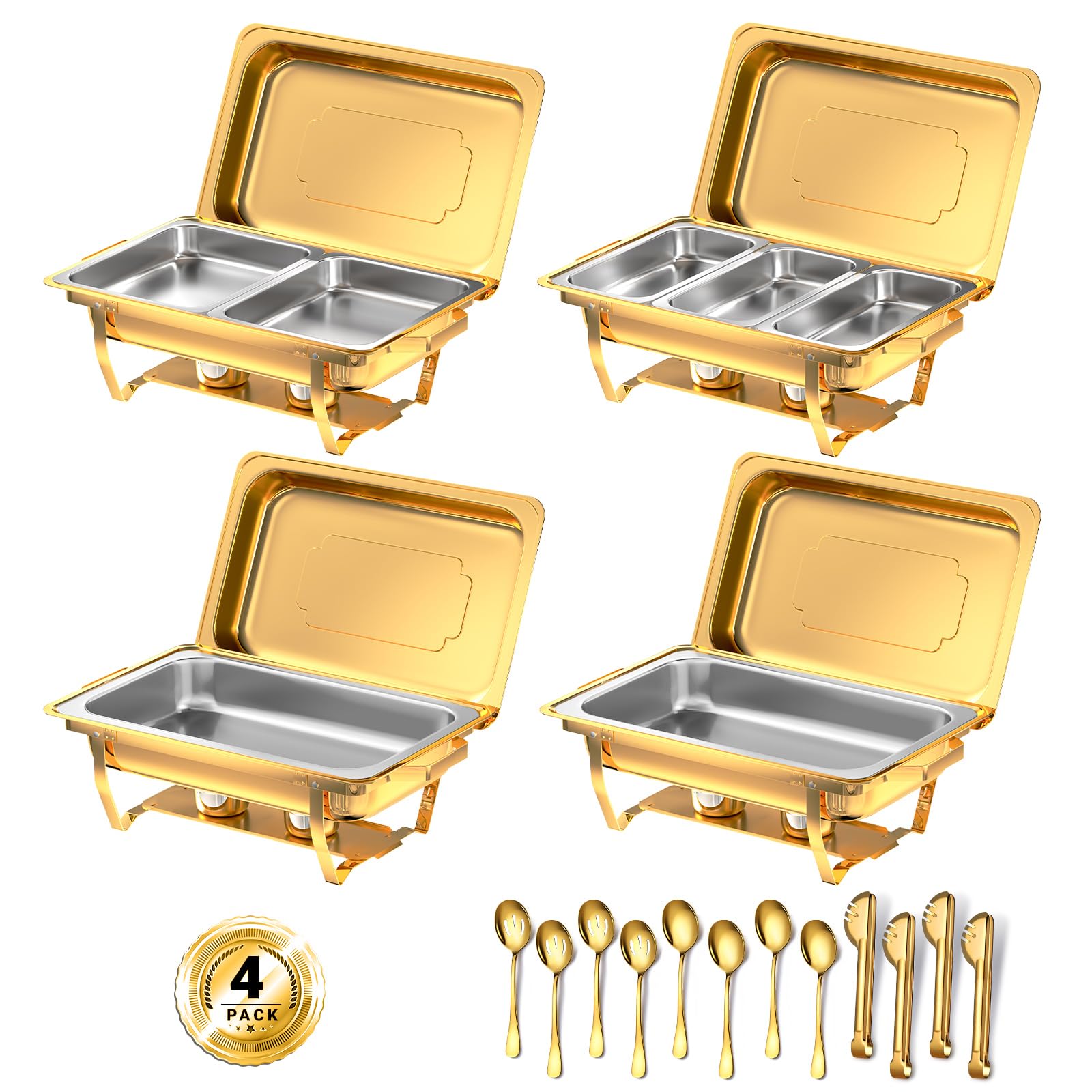 Photo 1 of (partial set) (untested) Keyoxy Chafing Dishes for Buffet, 8 Qt High Grade Chafing Dish Buffet Set, Rolled-Edge Design Food Warmers for Parties, Buffet, Wedding, Birthday, Camping 4 Pack 7 Pans [Gold]