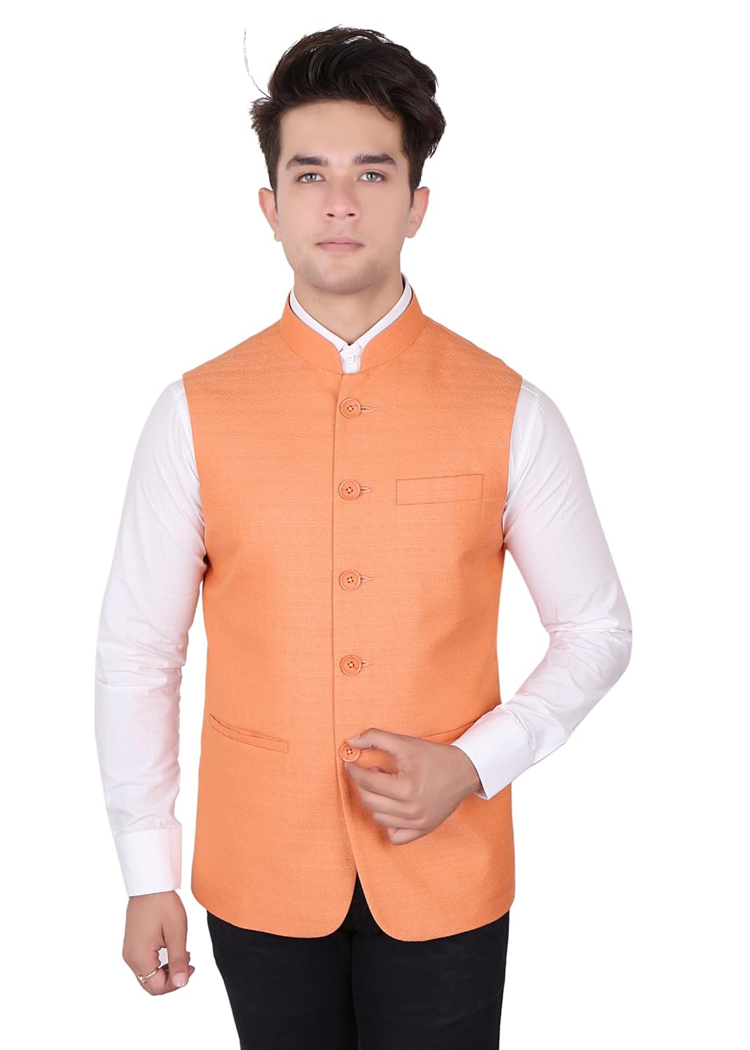 la rainbow casual silk blend orange nehru jacket for men/boys