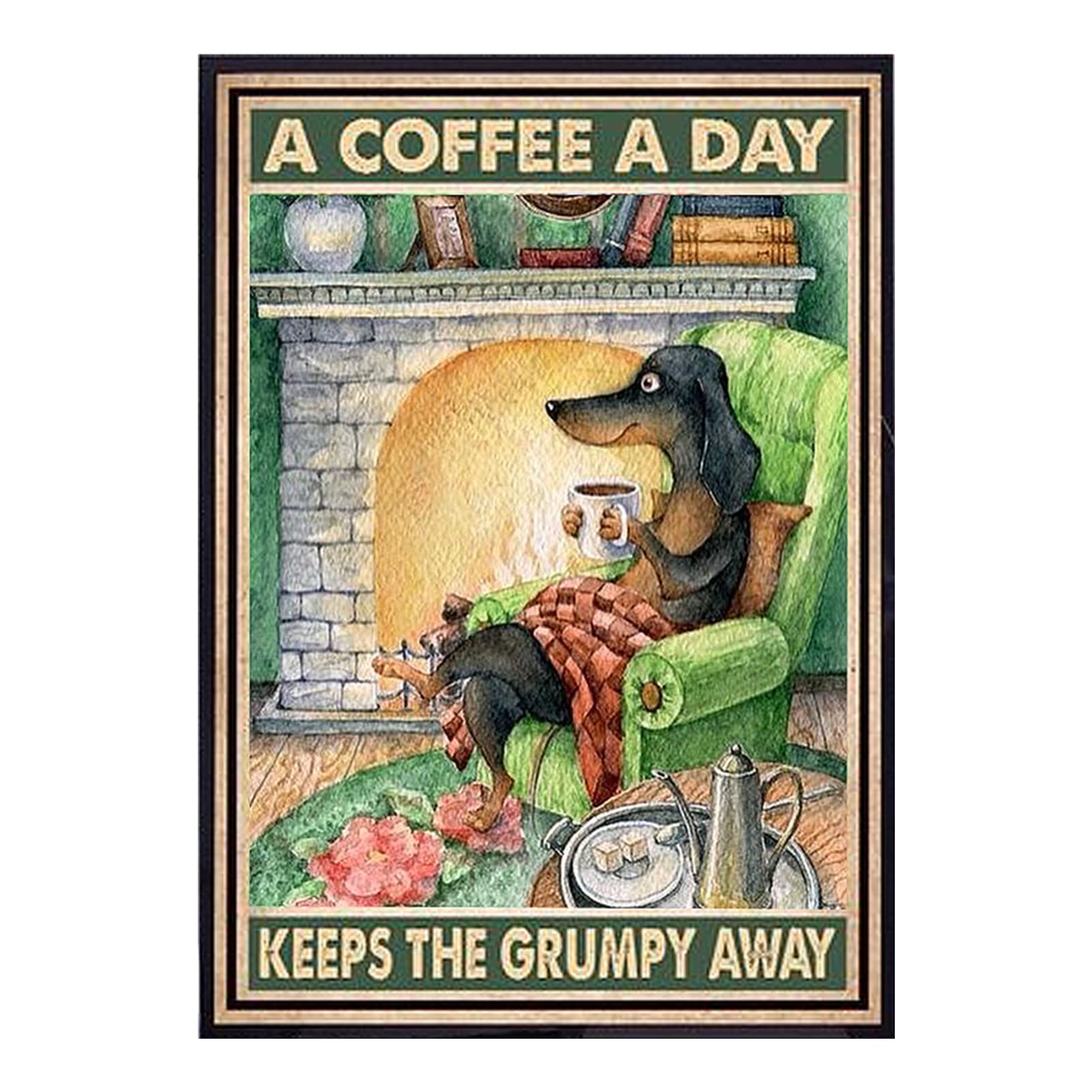 Yiruhe A Coffee A Day Keeps Grumpy Away Decorative Tin Sign Vintage Style Home Office Cafe Decoration 20cm x 30cm Gift for Dog Friends Retro Metal Sign (Painting Style 2301)