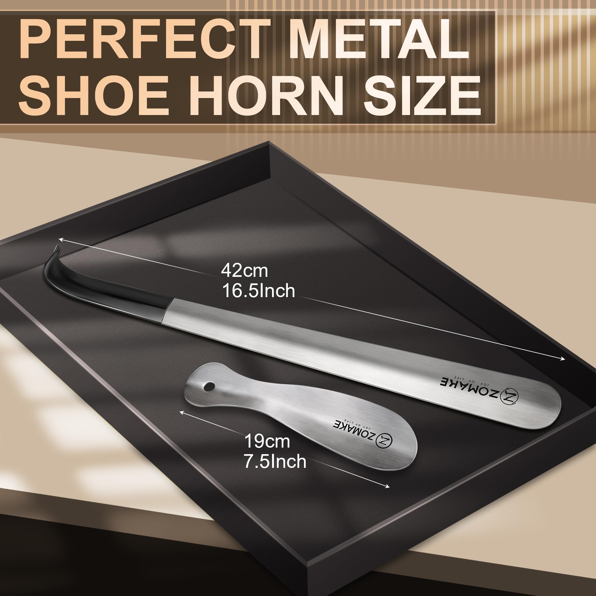 ZOMAKE ZOMAKE Metal Shoe Horn Long Handled with Handle for Seniors, 16.5 inch & 7.5 inch Stainless Steel Small Shoehorn with Hook for Men, Women, Kids(Silver, Pack of 2)