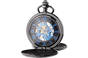 TREEWETO Men's Mechanical Roman Numerals Dial Skeleton Pocket Watches with Gift Box and Chains for Mens Women