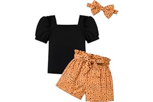 BAVADER Toddler Girl Clothes 2-12Y Girls Clothes Square Neck Short Sleeve Tops 3pcs Short Sets Summer Girls Outfits