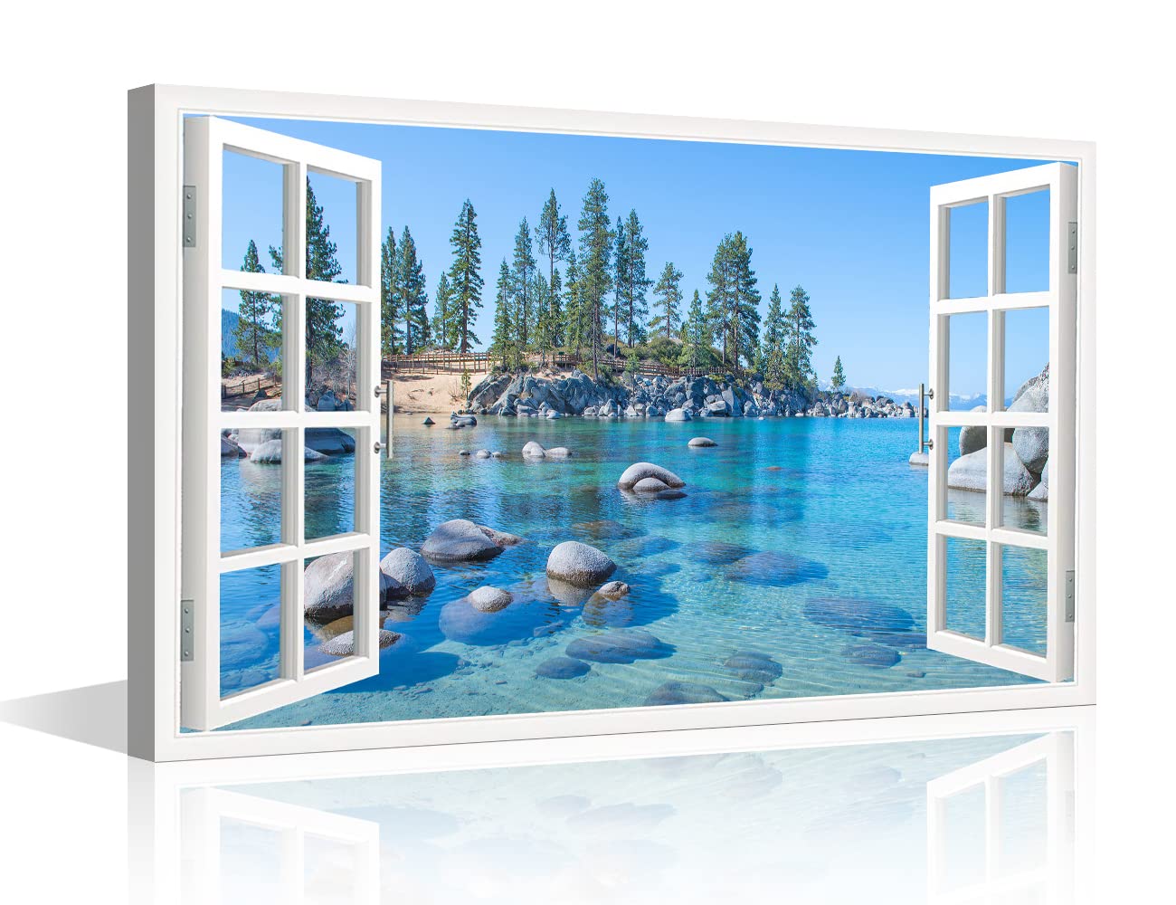 TISHIRON Window View Canvas Wall Art Neon Mountain Forest Rock Lake for Living Room Prints Natural Scenery Pictures Artwork Home Decor Framed Ready to Hang(24''W x 16''H) โ image 1