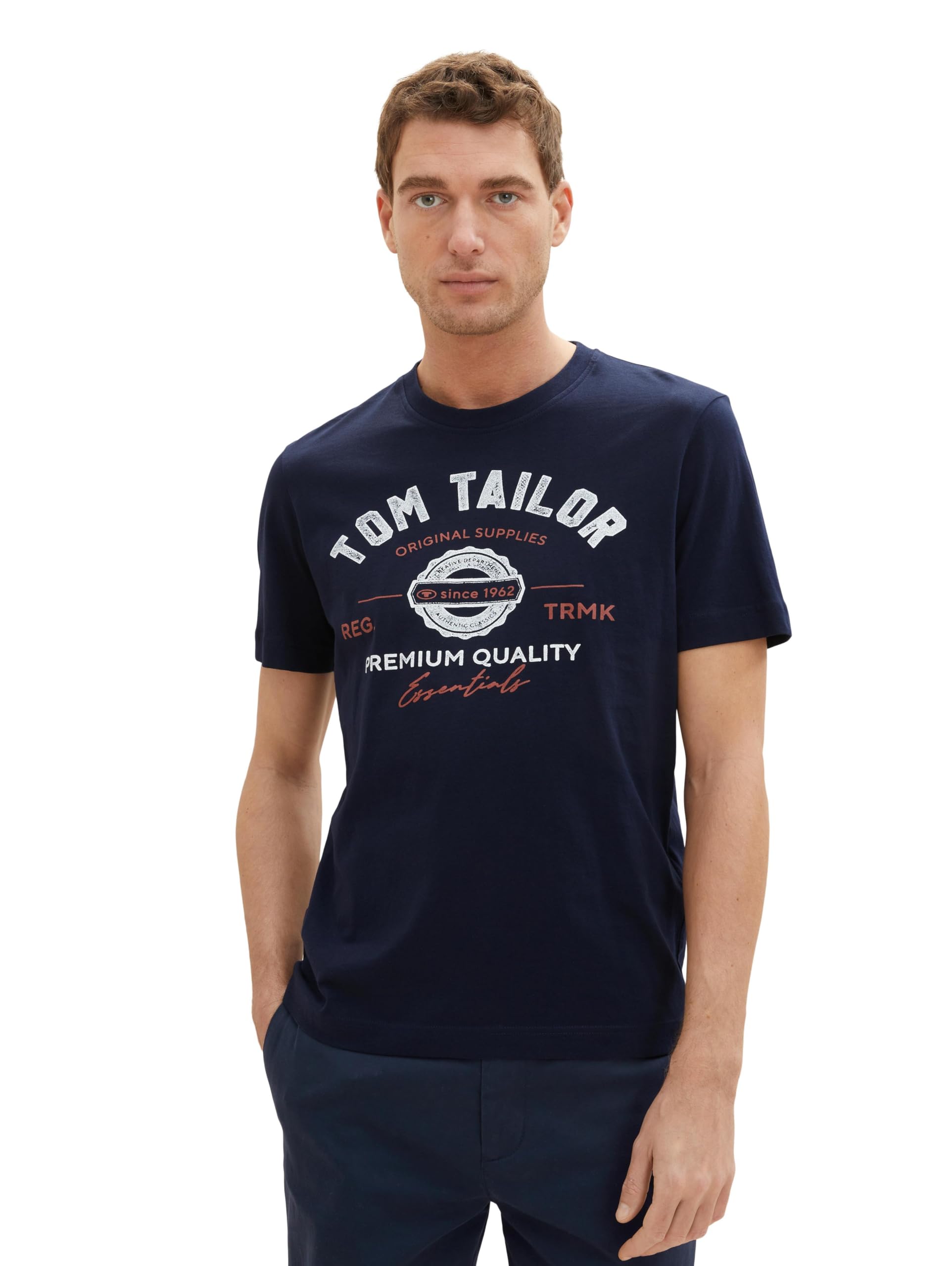 TOM TAILOR Herren T-Shirt mit Logo-Print aus Baumwolle, sky captain blue, XL 5