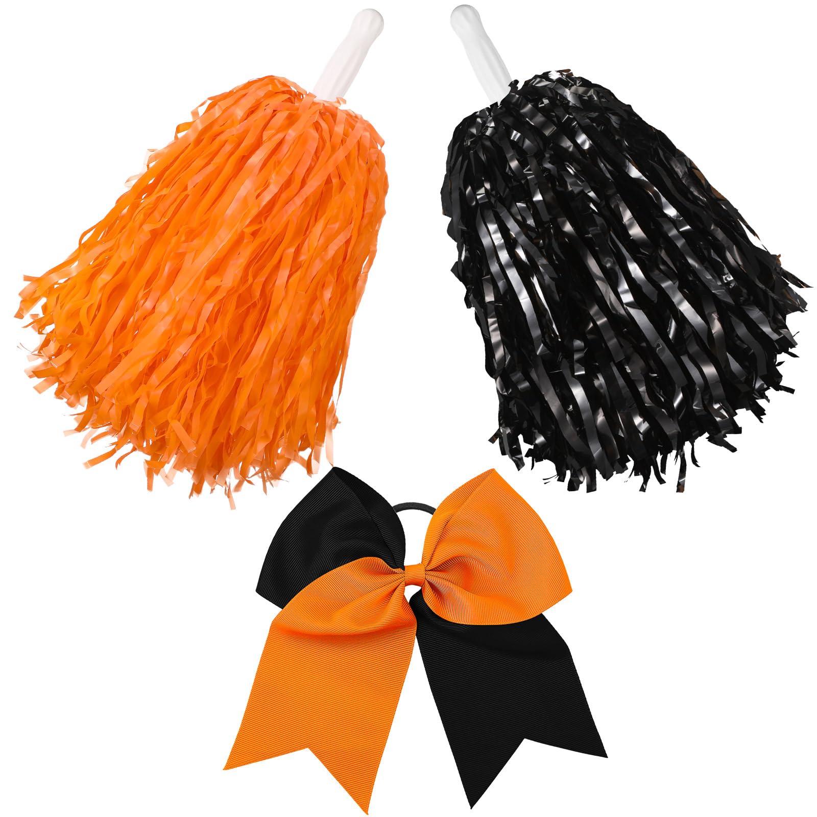Photo 1 of Hanaive 3 Pcs Plastic Cheerleading Pom Poms and Large Cheerleader Hair Bow Metallic Foil Cheer Supplies for Dance Squad Rooters Accessories(Black Orange,Classic Matte)