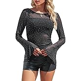 FEMLE Womens Nashville Mesh Sheer Sparkly Top Glitter Star See Through Tops Tee Shirt Short Sleeve Concert Rave Outfits