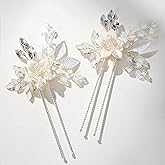 SWEETV 2Pcs Handmade Wedding Hair Pins,Flower Bridal Hair Pin-Beaded Wedding Hair Accessories for Brides, Silver