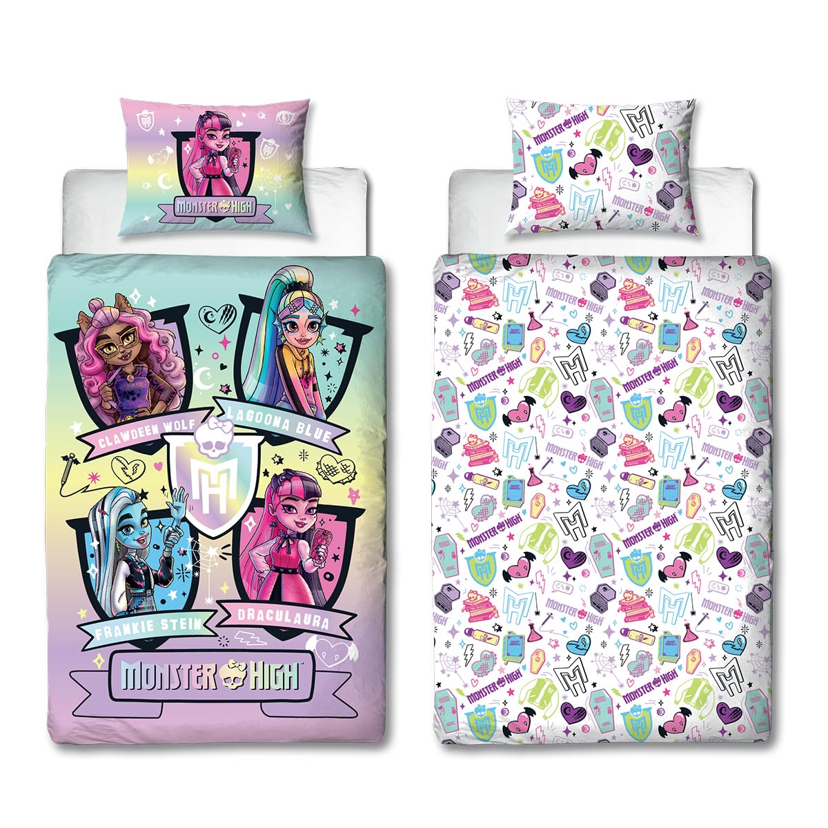 Character World Monster High Officially Licensed Fierce Design Single Duvet Cover Set | Reversible 2 Sided Dolls Bedding Including Matching Pillow Case | Perfect For Kids Bedroom | Polycotton