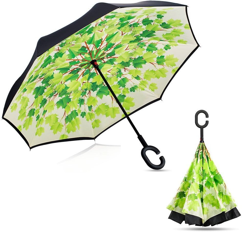 Creative Inverted Umbrella, Double Layer Windproof Anti-UV Sun and Rain Umbrellas with Hands Free Handle, Perfect Business, Birthday, Christmas Gifts (Green Tree)