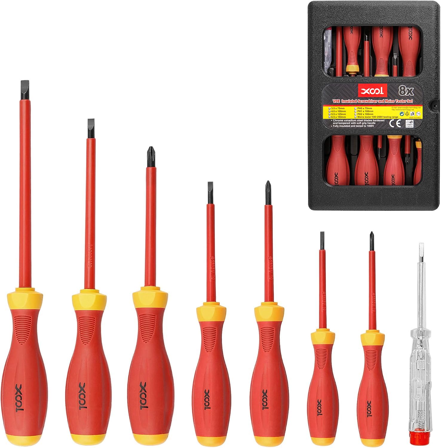 XOOL 1000V Insulated Electrician Screwdriver Set, 8-Piece with Magnetic Tips, Non-Slip Handle, Slotted & Phillips, VDE & GS Certified for Safe Electrical Work, Chrome Vanadium Steel