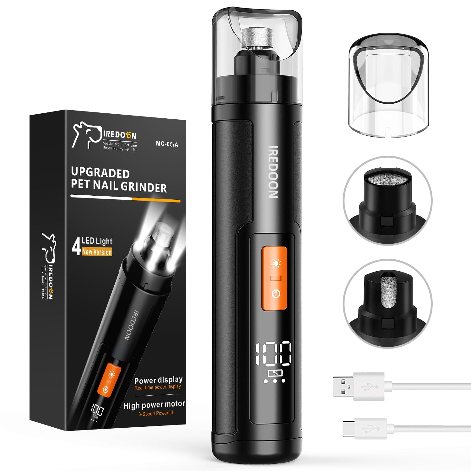 IREDOON Dog Nail Grinder Upgraded - Professional 3-Speed Super Quiet and Low Vibration Electric Pet Nail Grinder with 4 LED Lights - Painless Paws Grooming & Smoothing for Small to Large Dogs (Black)