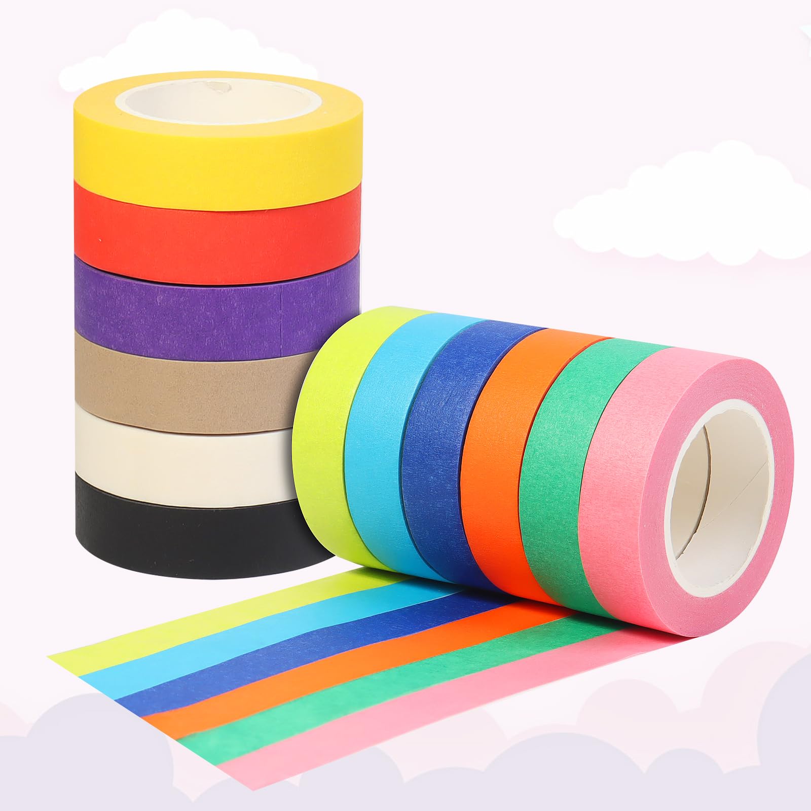 12 Rolls Coloured Painters Tape Set, 15mm x 12m Rainbow Tape Painting, Pressure Sensitive Tape Textured Paper, Decorative Craft Washi Tapes, Writable Masking Tape for Handmade DIY