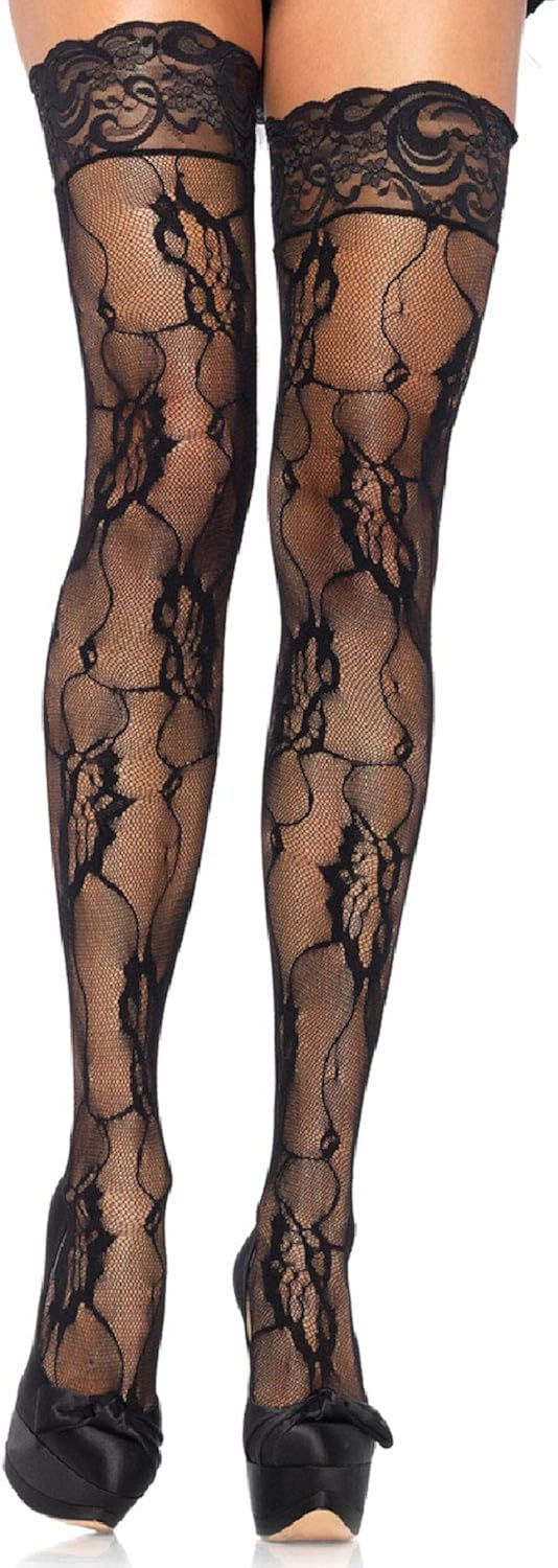 Leg Avenue Women's Rose Lace Thigh Highs, Black, One Size: Garter Belts And Stocking Sets: Clothing