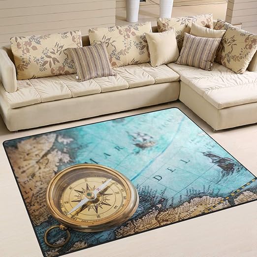 Amazon Com Alaza Old Compass On World Map Area Rug Rugs For Living Room Bedroom 7 X 5 Home Kitchen