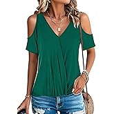 LEIYEE Womens Summer Cold Shoulder Tops Sexy Casual Short Sleeve V Neck Cute Front Knot Ruched Shirred T Shirt Blouse