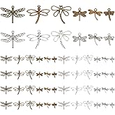 PH PandaHall 48pcs Dragonfly Charms, 6 Style Flying Insect Animal Pendants Antique Bronze Silver Insects Pendant Connector for Spring Summer DIY Necklace Bracelet Jewelry Making