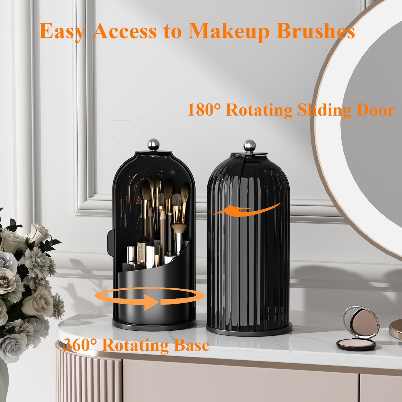 Zufudo Dustproof Toothbrush Holders with Cover, Rotating Electric Toothbrush and Toothpaste Holder for Bathroom Countertop, 3 Slots Makeup Brushes Organizer, Solid Black