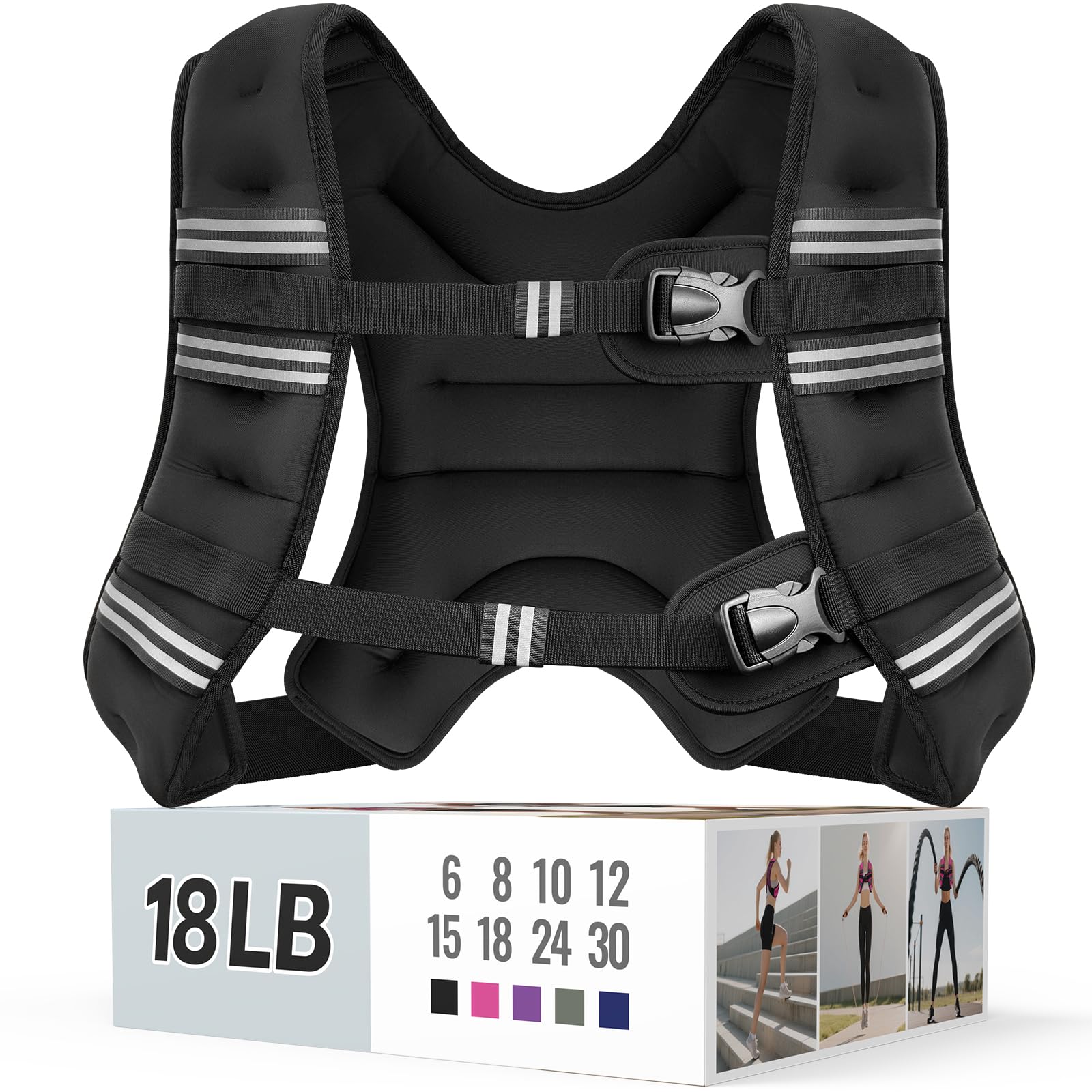 Zeerun Weighted Vest for Women & Men with Reflective Stripe and Adjustable Buckle, Comfortable & Durable Rucking Vest for Walking, Running & Strength Training, 18LBS-Black Image