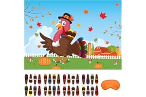 MISS FANTASY Thanksgiving Games for Kids Pin the Tail on the Turkey Game 32 Tail Stickers Thanksgiving Game for Kids Thanksgiving Fall games Activities for Kid Family School Thanksgiving Party Favors for Kid