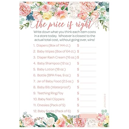 Amazon Com Pink Floral Price Is Right Baby Shower Game Cards 20