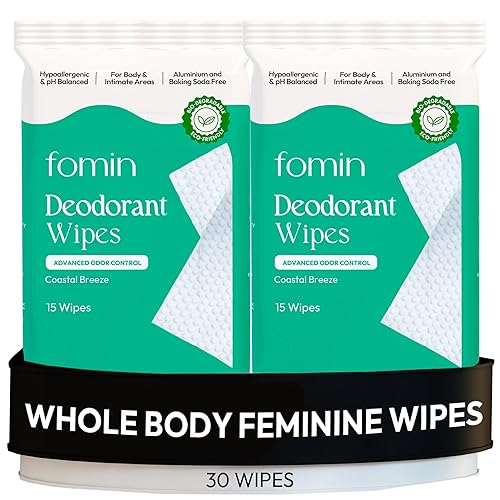 FOMIN Acidified Deodorant Wipes For Women - 30 Count - Coastal Breeze – Hypoallergenic, pH Balanced Whole Body Wipes - Plastic-Free, Exfoliating & Advanced Odor Control Underarm Body Wipes