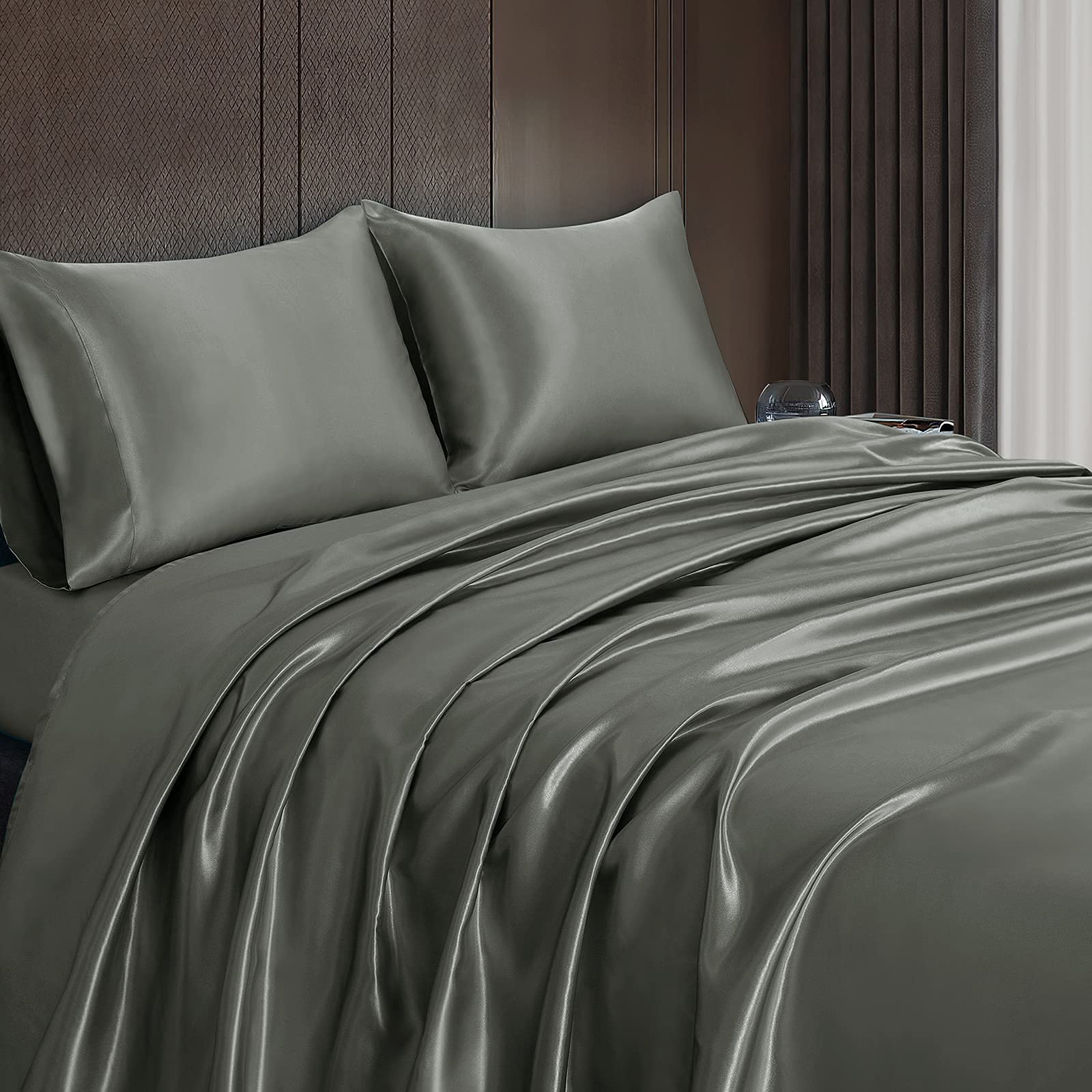 Homiest 4pcs Satin Sheets Set Luxury Silky Satin Bedding Set with Deep Pocket, 1 Fitted Sheet + 1 Flat Sheet + 2 Pillowcases (King Size, Dark Grey)