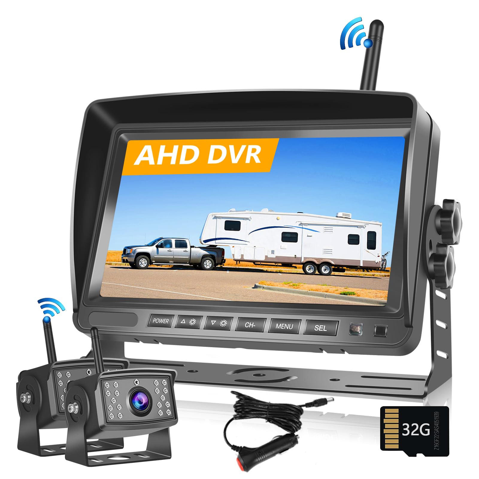 Hodozzy Digital Wireless Reversing Camera -7 Inch IPS Monitor AHD 2 Cameras Video Recording with SD Card, Front/Rear View Camera Waterproof Night Vision Wireless Reverse Camera 12V-36V for Car